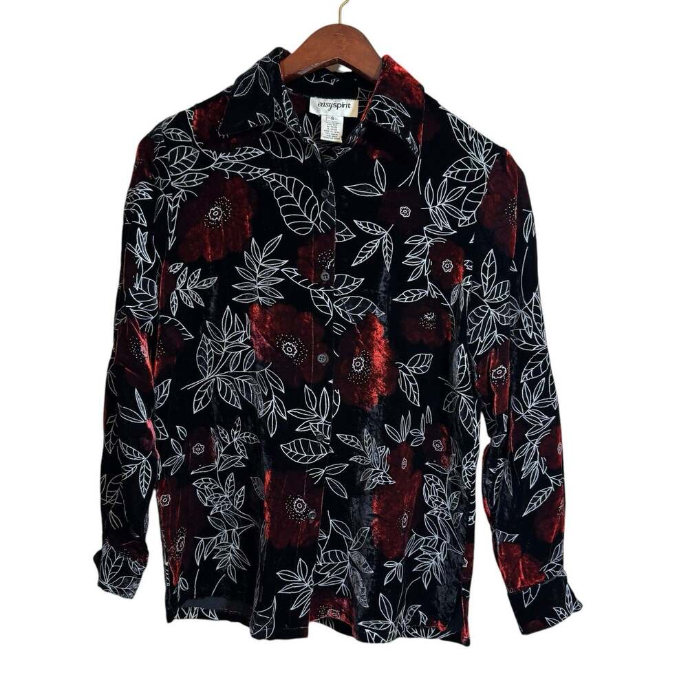 Vintage Y2K Easy Spirit Silk Velvet Top Floral Button Up Size Small Witchy Goth